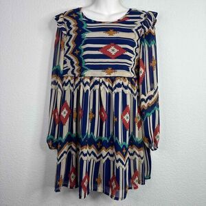 Umgee Dress Women's Medium Blue Southwestern Aztec Long Sleeve Flowy Boho A Line